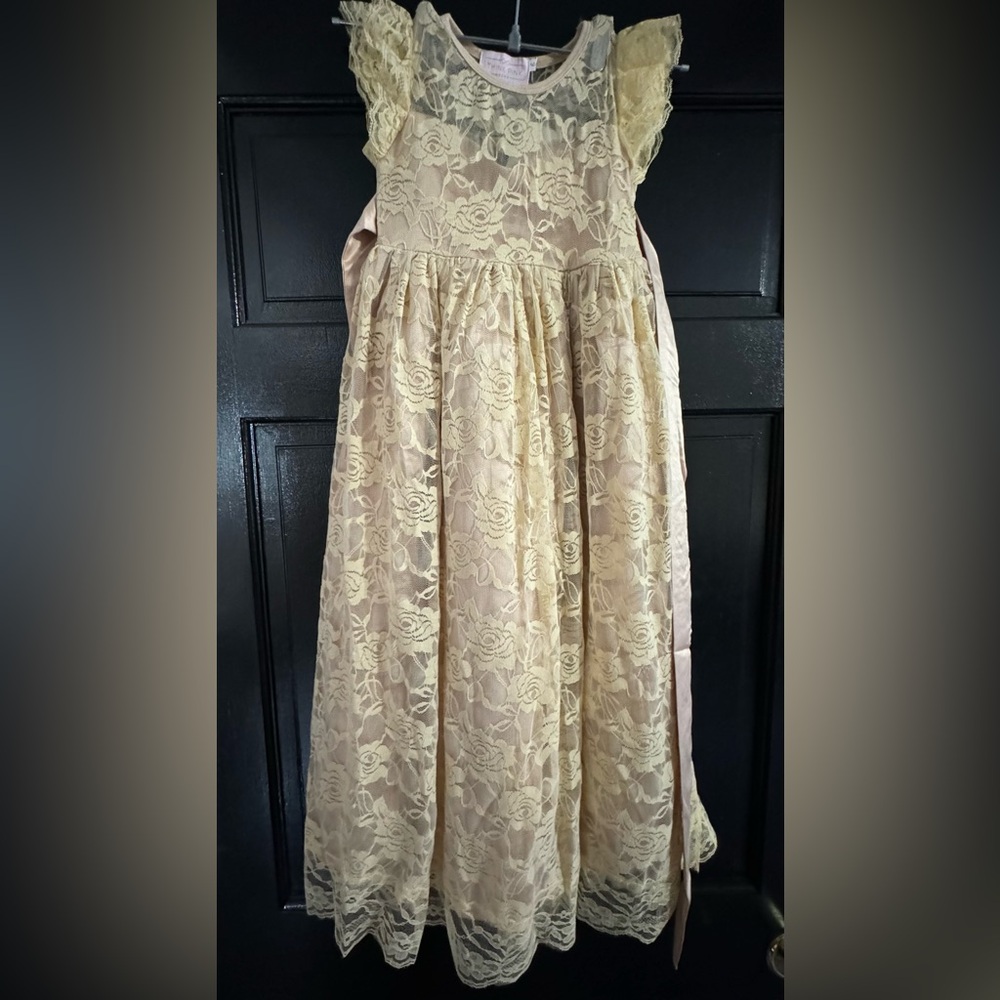 Girls Taupe Ankle Length Lace Dress Silk Bow in Back -Think Pink Bows Boutique